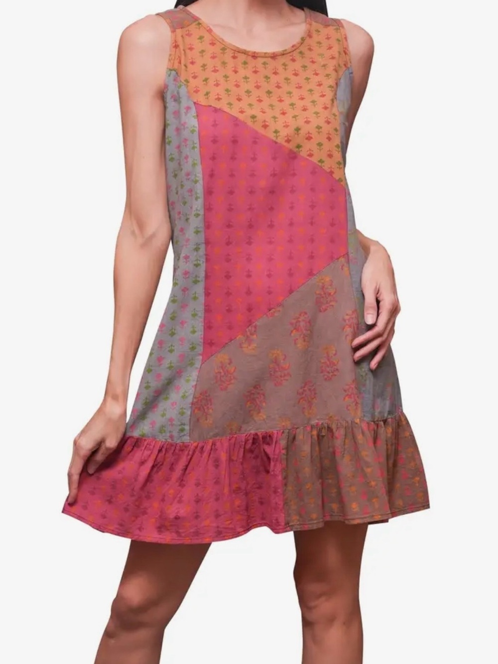 Sacred Threads Pink & Mustard Patchwork Sleeveless Mini Dress